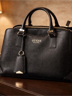 GUESS Black Textured Satchel with Gold Accents